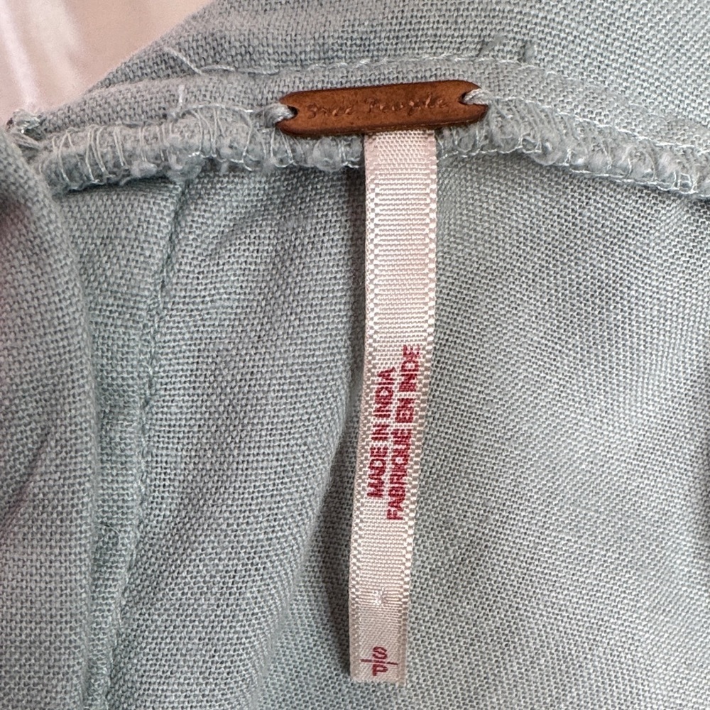 90. Free People Sage Green Linen Blend Ruffle Strap Dress with Bow Back Size S - Picture 2 of 7